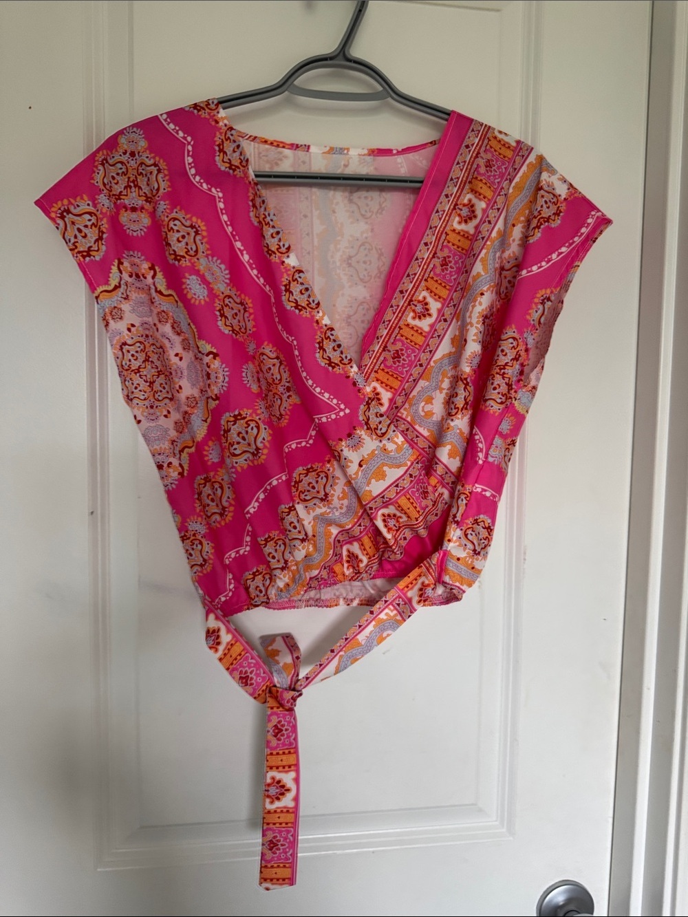 SHEIN Pink & Orange Printed Wrap Crop Top